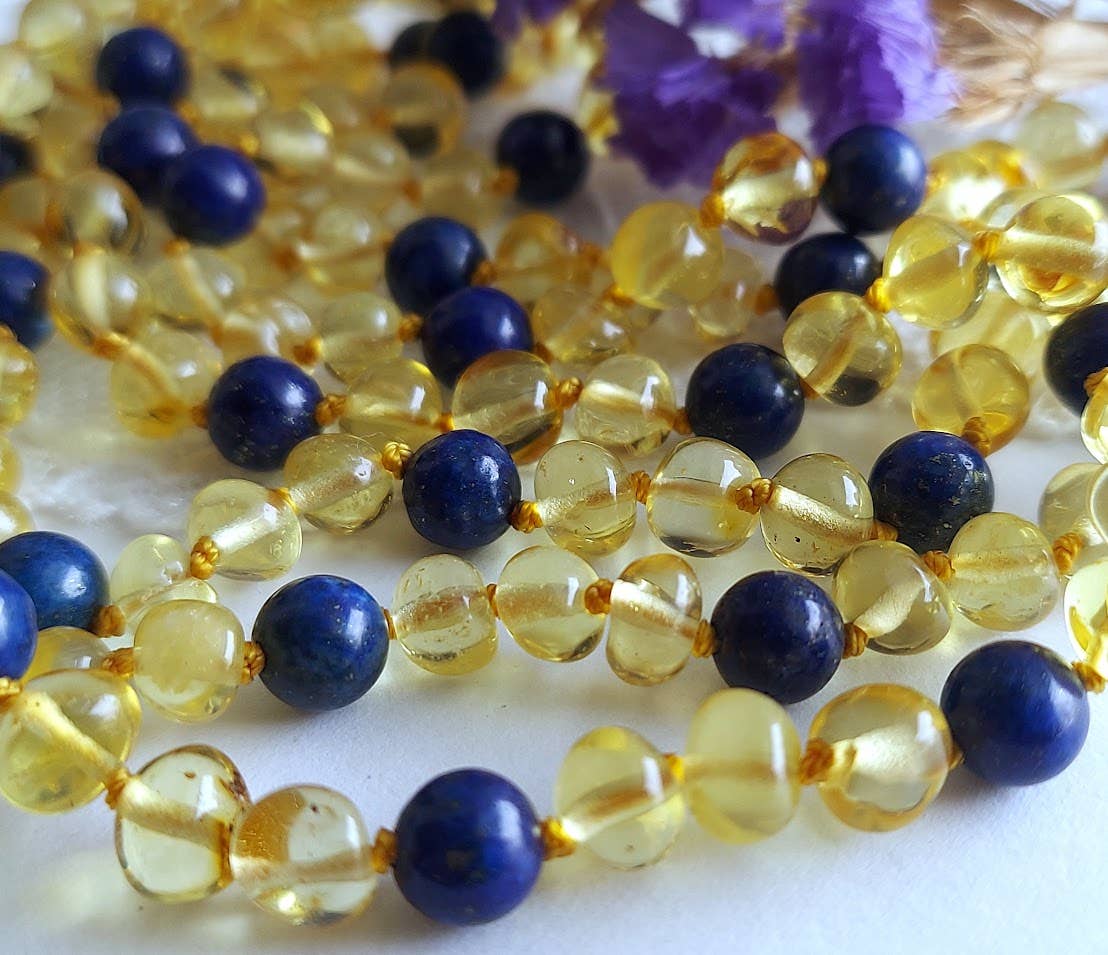 AAA Lemon Baltic Amber Lapis Necklace