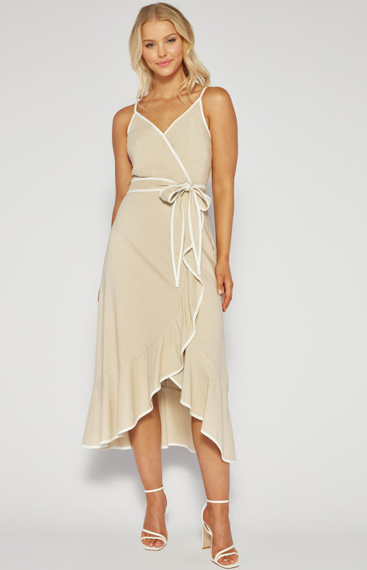 Contrast Binding Dress with Frill Detail - Beige