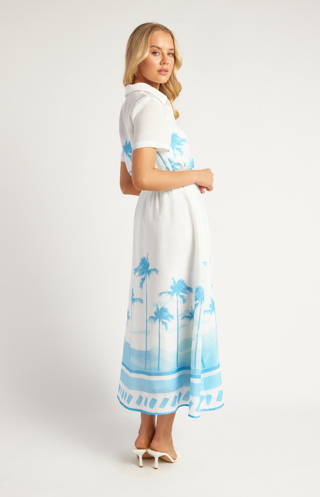 Palm Tree Placement Print Set with Button Up Shirt and Pleated Skirt