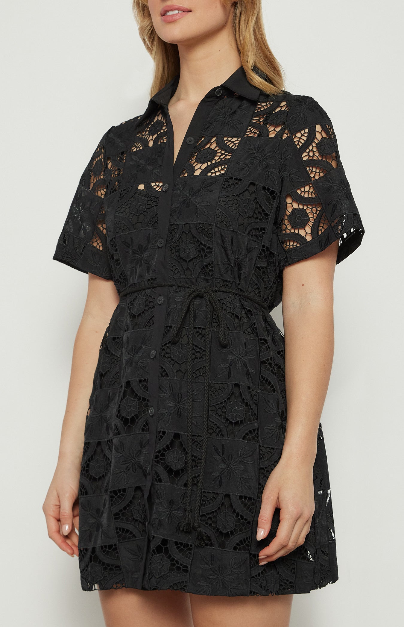 Lace Embroidery Dress with Tassel Belt - Black